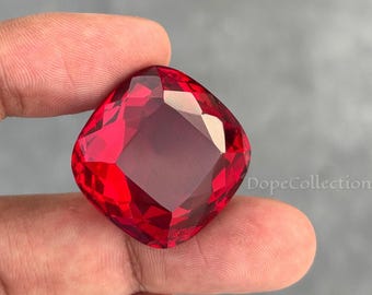 82.35 CT Lab-Created Ruby Gemstone: 27mm Cushion Cut Red Crystal