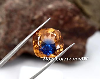 13.50 Ct AAA+ Natural Bi-Color Pitambari Sapphire Cushion Cut Certified Loose Gemstone Orange Blue 14x14x9 MM for Ring Pendant Jewelry