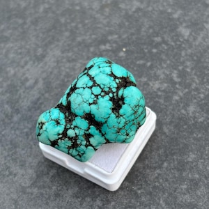 May include: A vibrant turquoise gemstone with a dark matrix of black veins. The polished stone is displayed on a white, square display case. The stone's surface is textured with a network of fine lines.