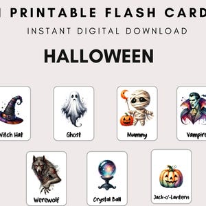 Puede incluir: 31 tarjetas flash imprimibles de Halloween con ilustraciones coloridas de un sombrero de bruja, un fantasma, una momia, un vampiro, un hombre lobo, una bola de cristal y una calabaza.
