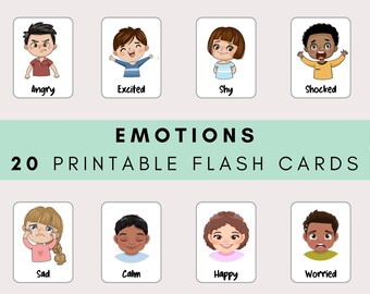 Può includere: 20 flash card stampabili con illustrazioni di bambini che esprimono diverse emozioni. Le emozioni includono: rabbia, eccitazione, timidezza, shock, tristezza, calma, felicità e preoccupazione.