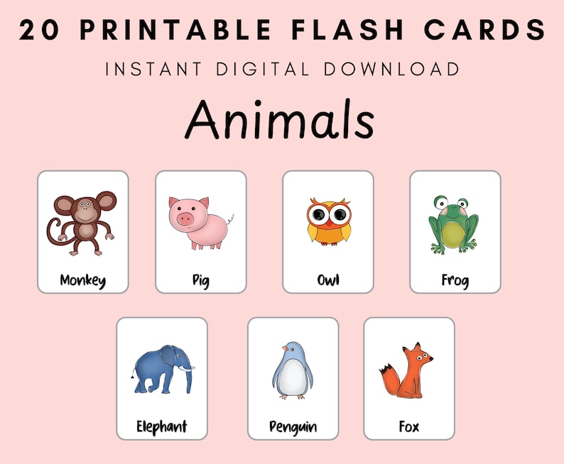 以下が含まれることがあります： 動物のカラフルなイラストが描かれた、印刷可能なフラッシュカード20枚セット。サル、ブタ、フクロウ、カエル、ゾウ、ペンギン、キツネなど。子供たちの学習と教育のためにデザインされています。