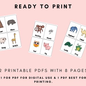 以下が含まれることがあります： 動物のイラストが描かれた印刷可能なフラッシュカード。クマ、サイ、ヒツジ、キリン、サル、ネズミ、フクロウ、ブタ、ゾウ、ラクダ、カメ、カエルなど。画像の上部には「READY TO PRINT」というテキストがあります。画像の下部には「2 PRINTABLE PDFS WITH 8 PAGES 1 FOR PDF FOR DIGITAL USE & 1 PDF BEST FOR PRINTING.」というテキストがあります。