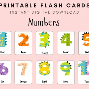 10 flashcards de números de dinossauros infantis, cartões de contagem pré-escolar 1 - 10, PDF para impressão, cartões Montessori, educacionais, correspondência, classificação