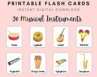 20枚の子供用楽器フラッシュカード、幼稚園カード、PDF印刷可能、モンテッソーリカード、教育、マッチング、ソート、自宅学習