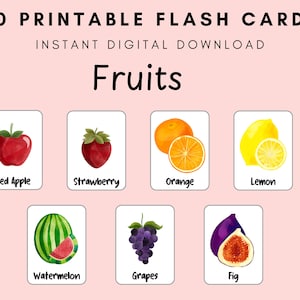 30 Fruits Flashcards, Kids & Pre-School Fruits, Montessori Cards, Educational, Toddler Learning, Matching, Sorting and Fruits Recognition.