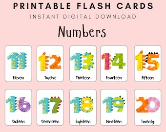 10枚の子供向け恐竜数字フラッシュカード、就学前向け11～20桁の数字カード、PDF印刷可能、モンテッソーリカード、教育、マッチング、分類