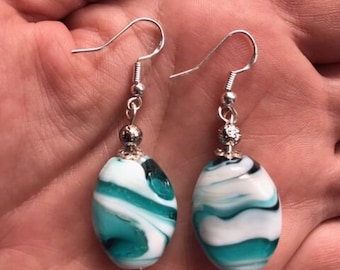 Teal and White Lamp work "OLIVIA" Glass bead Earrings, Sterling Silver Hooks