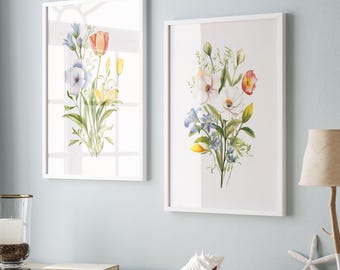 Watercolor Botanical Print Set of 2, Floral Wall Art Printable, Wildflower Gallery Decor, Farmhouse Digital Download