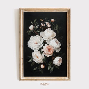 Dark Academia Wall Art, Moody Peony Printable, Antique Floral Painting, Dark Cottagecore Decor, Vintage Flower Art, Botanical Digital Print