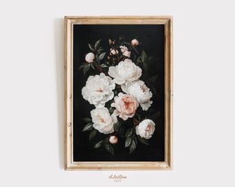 Dark Academia Wall Art, Moody Peony Printable, Antique Floral Painting, Dark Cottagecore Decor, Botanical Digital Print