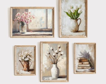 Rustic Floral Gallery Wall Art Set, Vintage Botanical Prints, Printable Digital Download