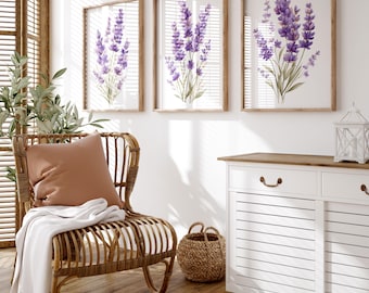 Set de 3 impresiones de lavanda para pared, estampados florales botánicos, decoración rústica con hierbas, descarga digital