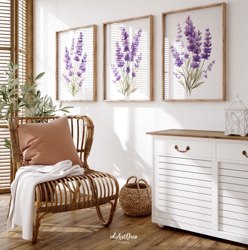 May include: Three framed watercolor prints of lavender sprigs in shades of purple and green. The prints are displayed on a white wall above a white cabinet. A wicker chair with a brown pillow and white blanket is in the foreground.