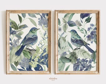Vintage vogelafdrukken set van 2, antiek decor, Audubon-vogels, vintage botanische muurkunst, cadeau voor vogelliefhebbers, natuur afdrukbare digitale download