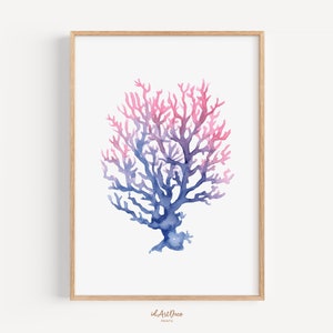 May include: A watercolour painting of a pink and blue coral branch. The coral is depicted in a realistic style, with intricate details and a delicate, flowing form.