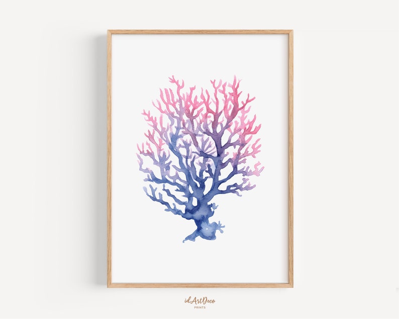 May include: A watercolour painting of a pink and blue coral branch. The coral is depicted in a realistic style, with intricate details and a delicate, flowing form.