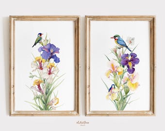 Set of 2 Vintage Bird Prints, Farmhouse Nursery Wall Art, Country Floral Digital Download