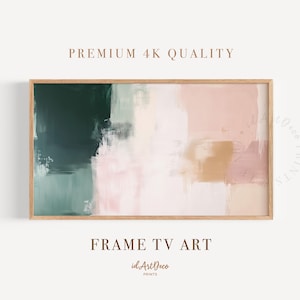 May include: Abstract art print in a wooden frame. The artwork features brushstrokes of dark green, light green, pink, beige, and white. The text "PREMIUM 4K QUALITY" and "FRAME TV ART" are displayed on the image.