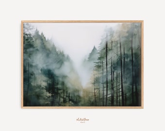 Misty Pine Forest Print, Foggy Landscape Wall Art, Scandinavian Poster, Digital Download