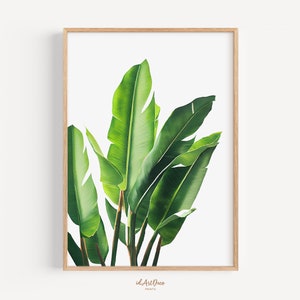 May include: A framed print of a watercolor painting of green tropical leaves against a white background.