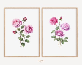 Juego de 2 impresiones de arte de pared vintage con rosas moradas, estampados botánicos florales antiguos, decoración de galería de flores rosas