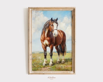 Rustic Farmhouse Horse Print, Neutral Equestrian Wall Art, Modern Digital Download