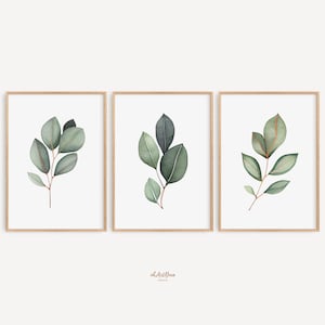 Set of 3 Eucalyptus Botanical Prints, Minimalist Leaf Wall Art, Green Plant Gallery Decor, Bedroom Printable Art, Digital Botanical Download