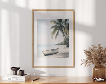Impresión de palmeras en la playa, arte mural de océano tropical, póster de acuarela costera, descarga digital de paisaje marino de verano