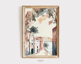 Amalfiküste Aquarell Druck, Italienische Landschaftsmalerei, Mediterrane Küstendeko