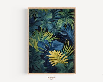 Blue Green Monstera Wall Art, Tropical Palm Leaf Printable, Watercolor Botanical Print, Boho Digital Download