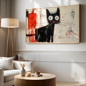 May include: Abstract painting of a black cat with large, round eyes and a red nose. The cat is set against a background of white, red, and black paint strokes.
