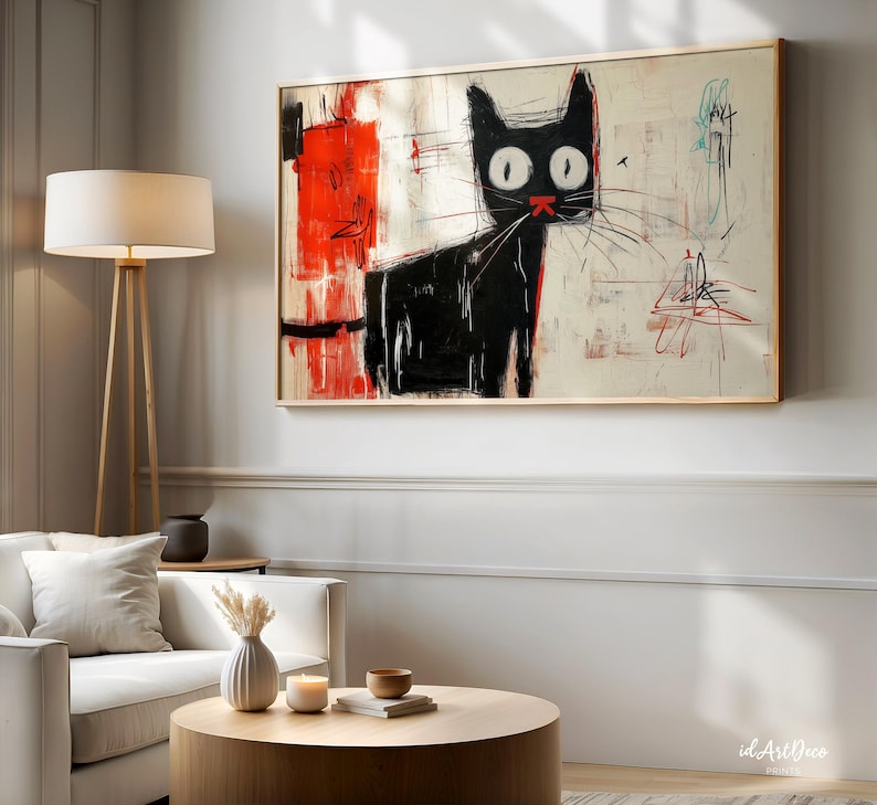 May include: Abstract painting of a black cat with large, round eyes and a red nose. The cat is set against a background of white, red, and black paint strokes.