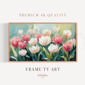 Spring Tulips Samsung Frame TV Art, Pastel Floral Oil Painting, Pink and White Flower Wall Art, 16x9 Digital Download, Spring TV Decor
