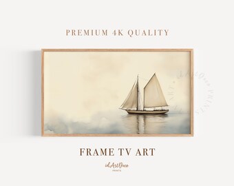 Coastal Boat Samsung FRAME TV Art, Sailing Ship Watercolor, Nautical Seascape, Vintage Beach, Digital Download, Summer Coastal TV Art