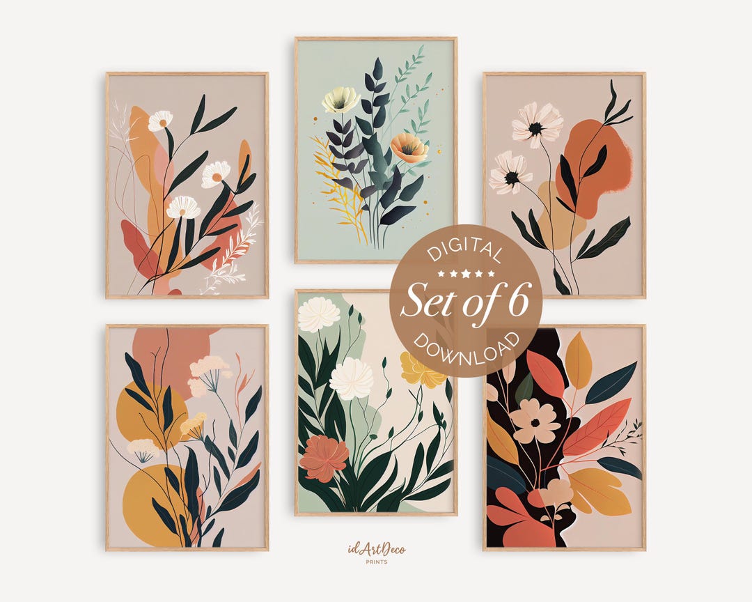 Boho Botanical Wall Art Set of 6, Printable Abstract Plant Prints ...