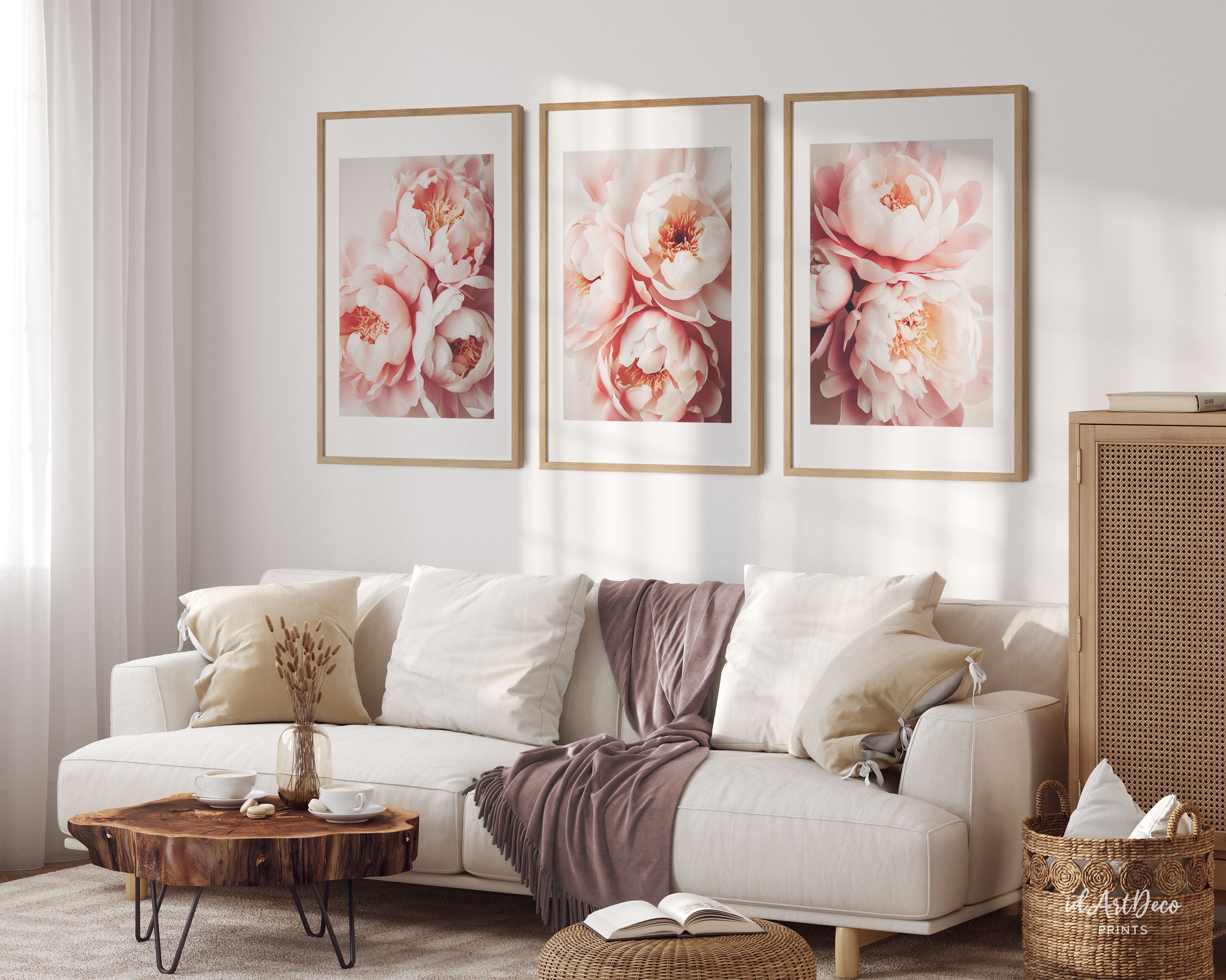 Peony Watercolor Art Set of 3, Blush Pink Floral Printable Wall Decor ...