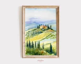 Impresión artística en acuarela de la Toscana, descarga digital de Italia, póster imprimible de paisaje italiano