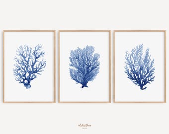 May include: Set of three watercolour prints featuring blue coral illustrations. The prints are framed in natural wood frames and are perfect for a coastal-themed home decor.