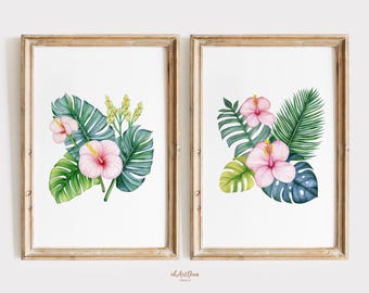 Monstera Leaves Set of 2, Tropical Botanical Prints, Green Palm Leaf Wall Art, Digital Download