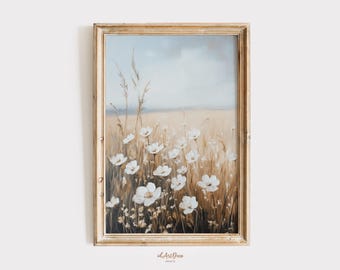 Arte para impressão de campo de flores silvestres, pintura a óleo floral vintage, arte de parede de prado rural, download digital de casa de fazenda rústica