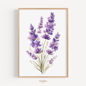 May include: A framed print featuring a watercolor illustration of lavender flowers. The artwork showcases vibrant purple blooms with green stems and leaves against a white background. The frame is made of light-colored wood.