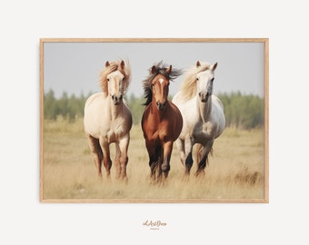 Arte mural de caballos salvajes, decoración rústica de granja, póster imprimible de animales, descarga digital para sala de estar y oficina