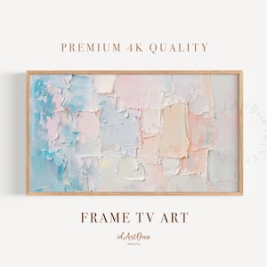 Peut inclure: Peinture abstraite dans des tons de rose, bleu et blanc. La peinture a un effet texturé, de coups de pinceau. La peinture est encadrée dans un cadre en bois clair.