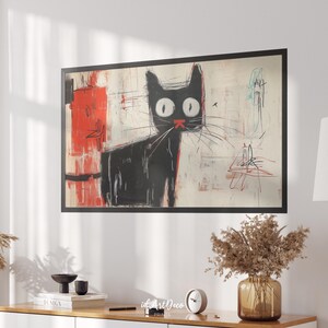 May include: Abstract painting of a black cat with large white eyes and a red nose. The cat is set against a white background with red, black, and white abstract lines and shapes.