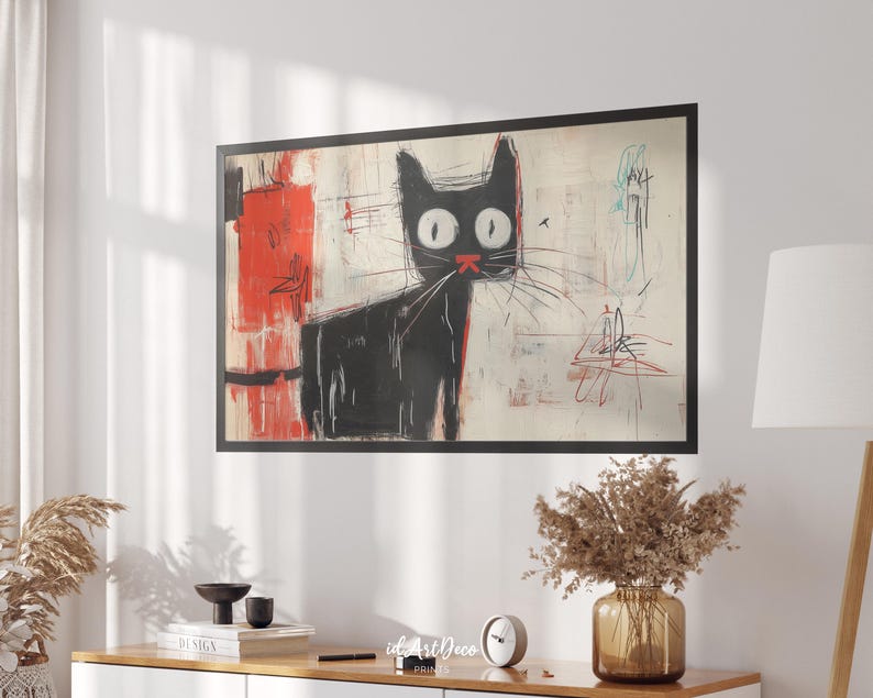 May include: Abstract painting of a black cat with large white eyes and a red nose. The cat is set against a white background with red, black, and white abstract lines and shapes.
