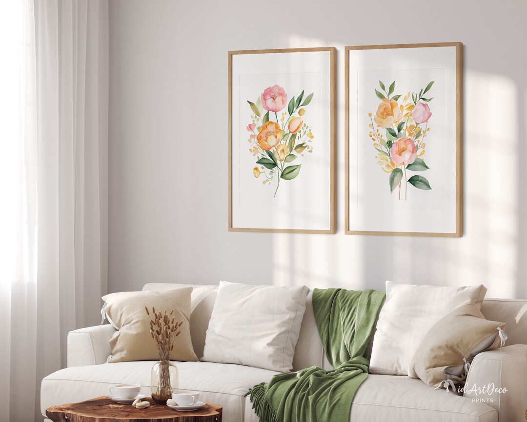 Blush Pink and Orange Watercolor Floral Prints, Set of 2, Nursery Wall ...