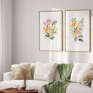 Blush Pink and Orange Watercolor Floral Prints Set of 2, Nursery Wall ...