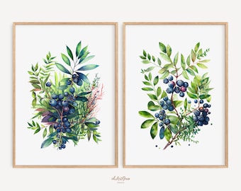 Keukenmuurkunst, set van 2 kunstafdrukken, keukendecor, botanische aquarel, bloemenprints, kleurrijke print keuken, keukendecor, afdrukbare kunst