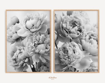 Monochrome Peony Prints 2, Minimalist Floral Wall Art, Black and White Botanical Poster, Printable Digital Download